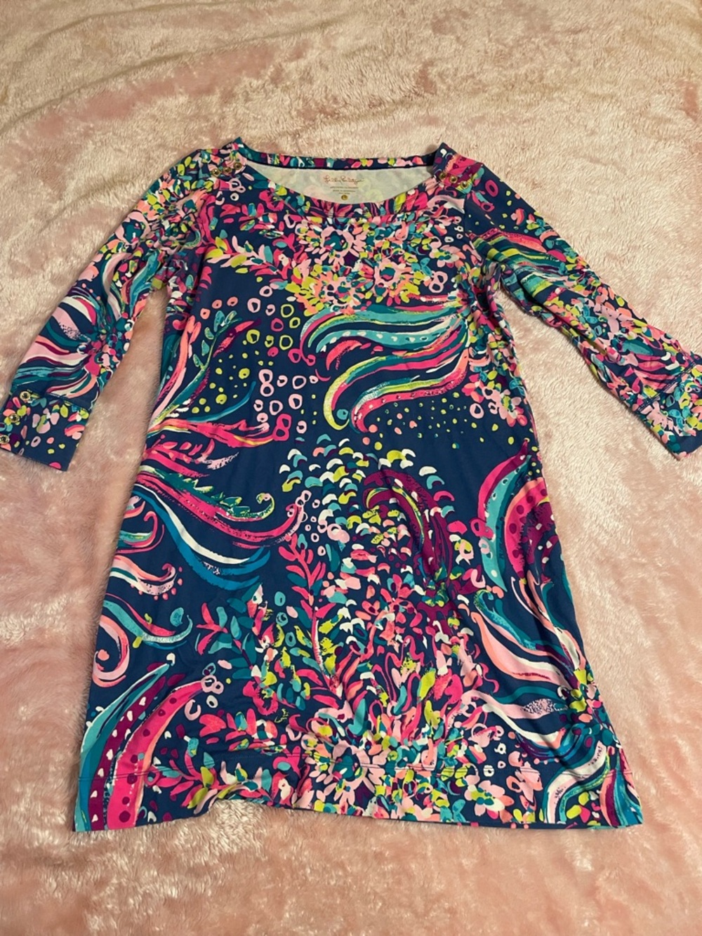 Lilly Pulitzer Navy Multi Floral Wave Print Long Sleeve Dress
